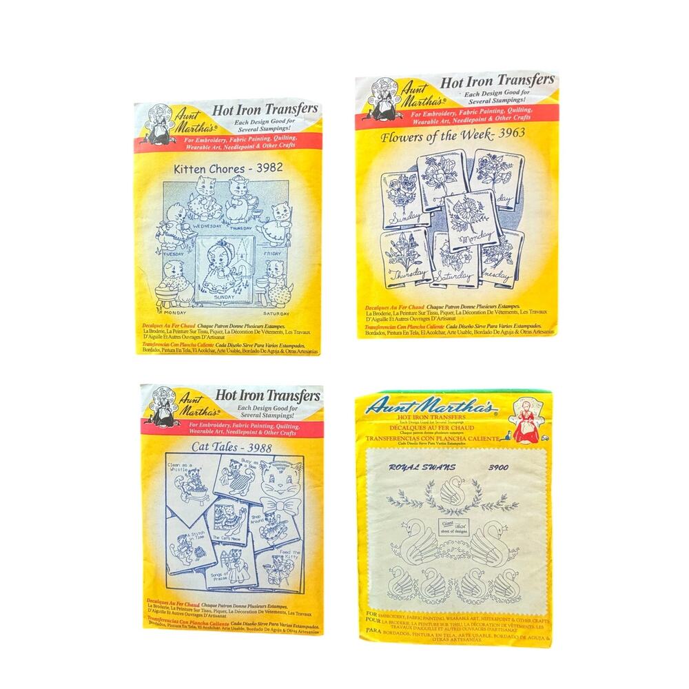 4 Hot Iron Transfers Aunt Martha’s Cats kitten chores flowers of the week swans